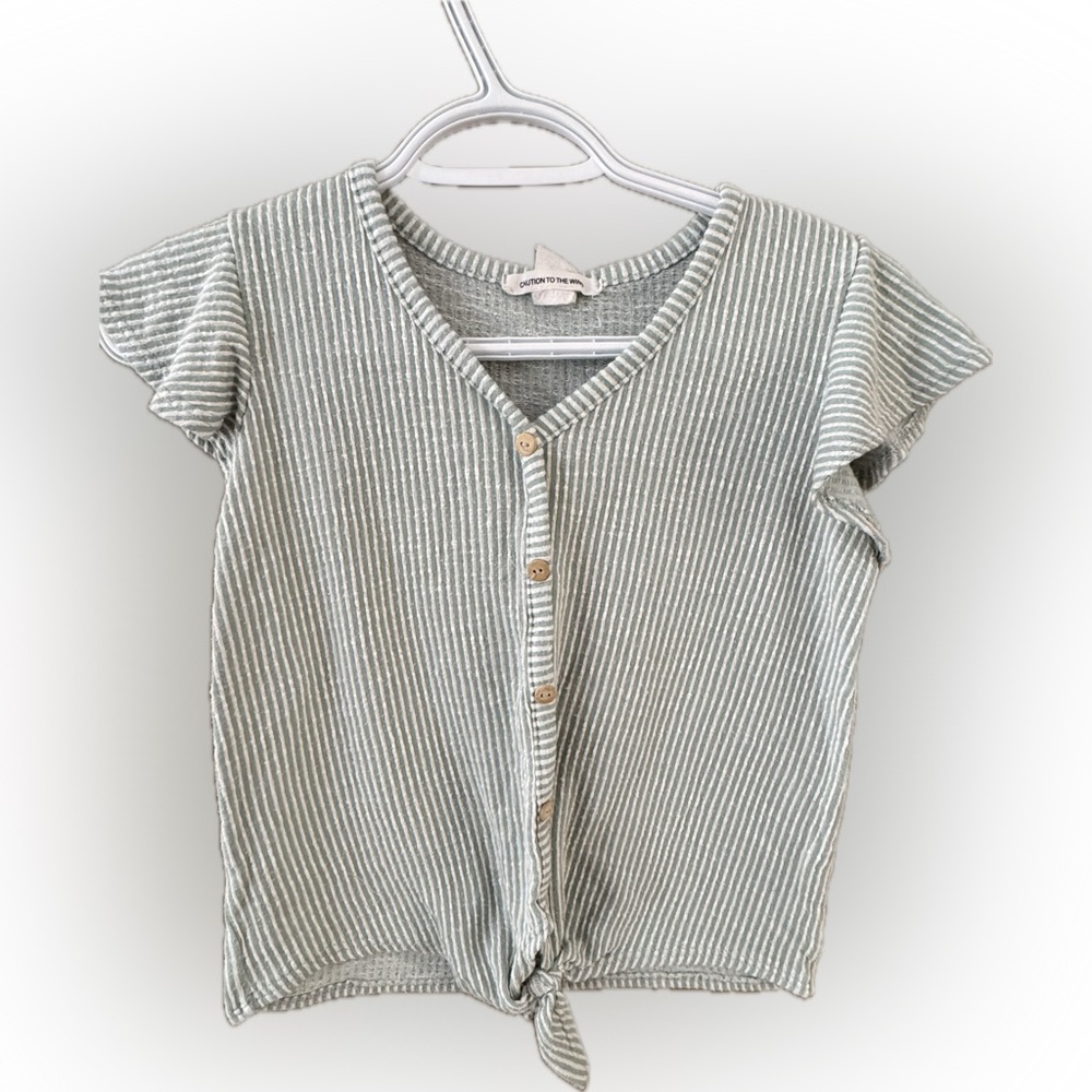 Caution To The Wind Sage Green Striped Button-Front Kids Top